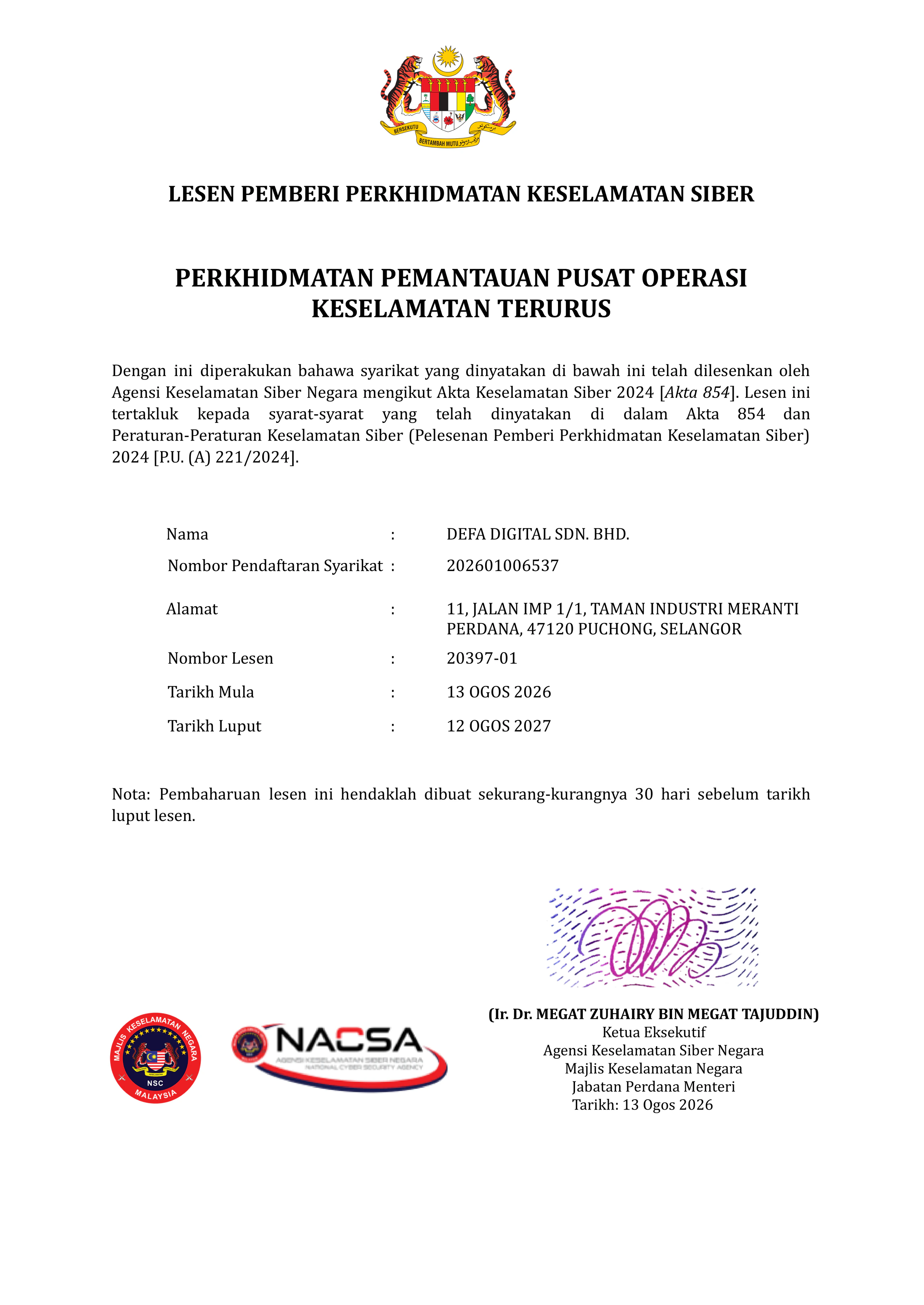 NACSA cyber security service provider licence number 20397-01 for Managed Security Operations Centre Monitoring, issued to DEFA Digital Sdn. Bhd.