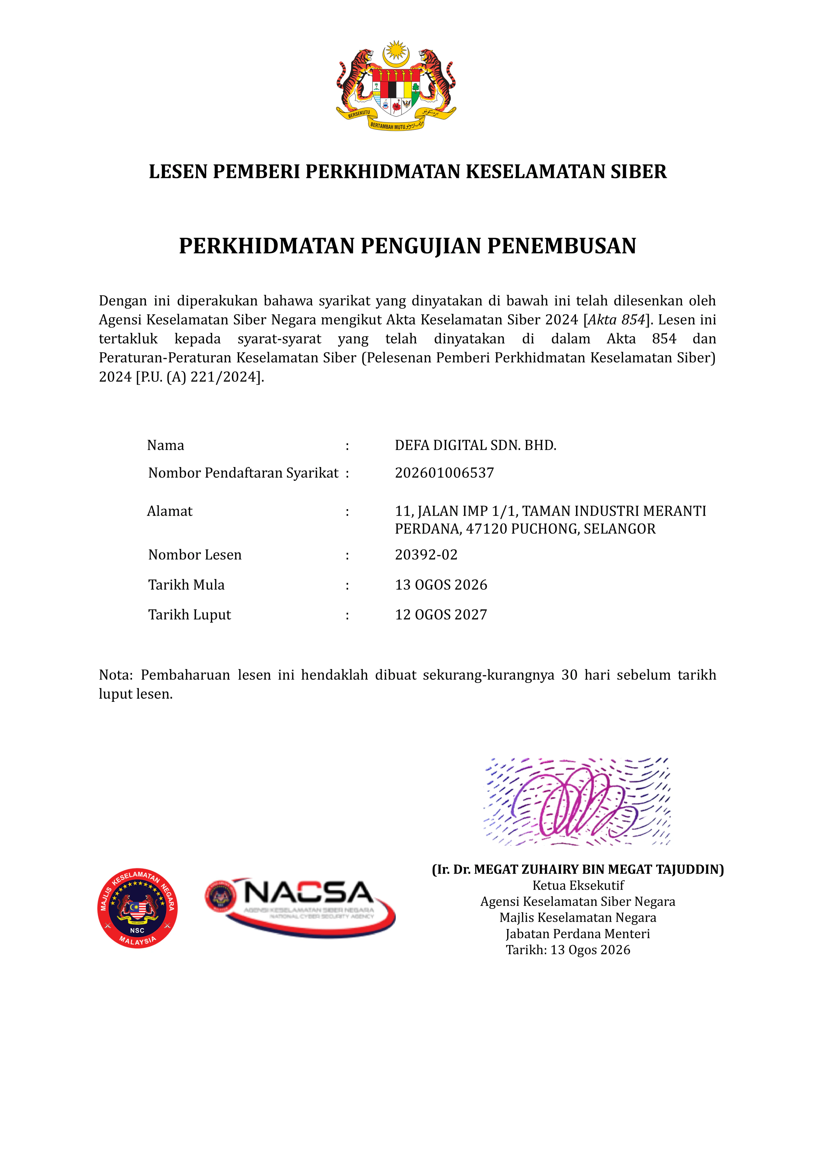 NACSA cyber security service provider licence number 20392-02 for Penetration Testing Services, issued to DEFA Digital Sdn. Bhd.